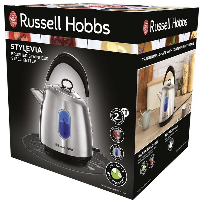 Russell Hobbs Stylevia – Bollitore elettrico 1.7 L, Potenza 2200 W, Corpo in acciaio inox, Sistema di sicurezza autospegnimento, Funzioni: bollitura rapida e indicatore livello acqua, Colore Inox