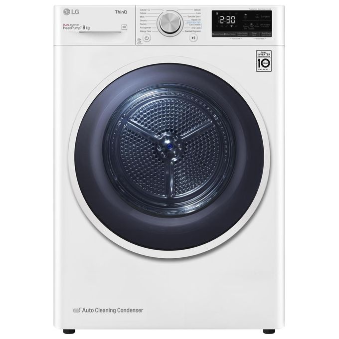 LG RH80V9AVHN – Asciugatrice Pompa di Calore DUAL Inverter 8 kg, Classe C, Eco Hybrid + Condensatore Autopulente + Wi-Fi (600 × 850 × 690 mm), Bianco.