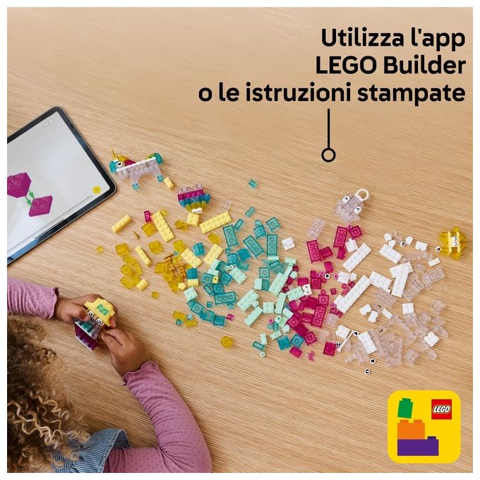 LEGO Classic Scatola Magica Trasparente - Mattoncini Colorati e Clip Portachiavi - Crea Unicorni Giocattolo Draghi Uccelli e altre Figure Kit Arti e Mestieri per Bambine e Bambini da 5 Anni - 11040