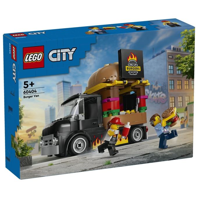 LEGO City 60404 Furgone degli Hamburger Giocattolo, Veicolo per Bambini 5+ Anni, Camion Food Truck con Accessori e 2 Minifigure