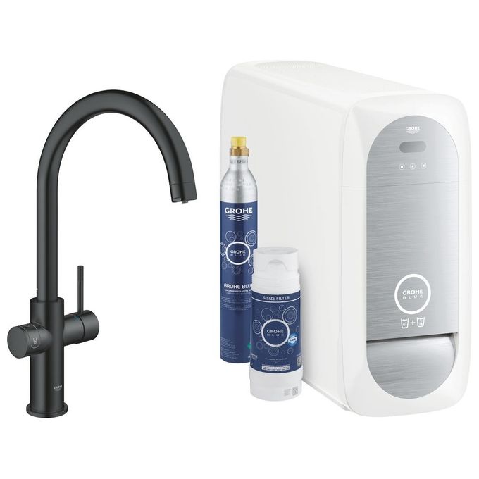 Grohe 31 455 KS1 Blue Home Miscelatore monocomando con bocca alta girevole 150°e sistema filtrante dell'acqua Velvet Nero
