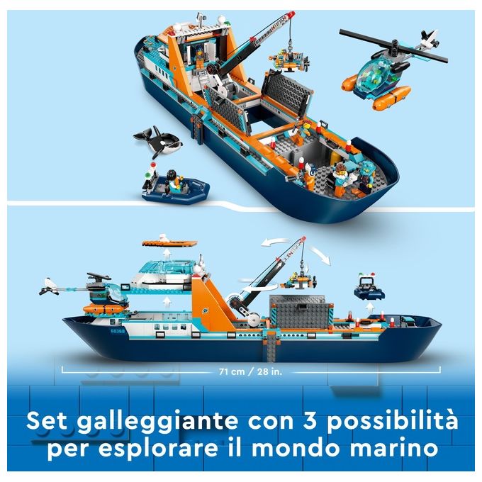 LEGO City 60368 Esploratore Artico, Grande Nave Giocattolo Galleggiante con Elicottero, Gommone, Sottomarino e Relitto Barca