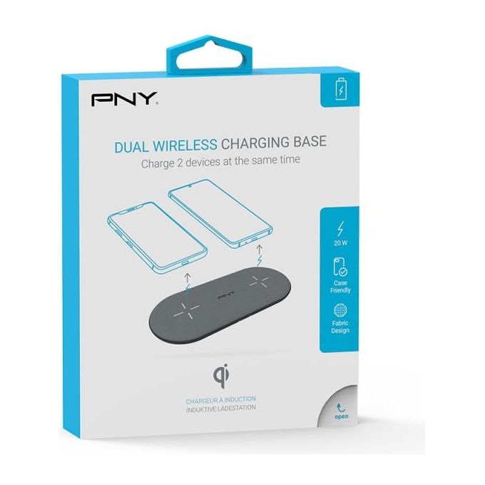PNY Caricatore Wireless 2 in 1, fino a 20W, Certificato Qi, Carica fino a 2 dispositivi contemporaneamente, per tutti gli smartphone abilitati Qi, Finitura in Tessuto grigio Premium