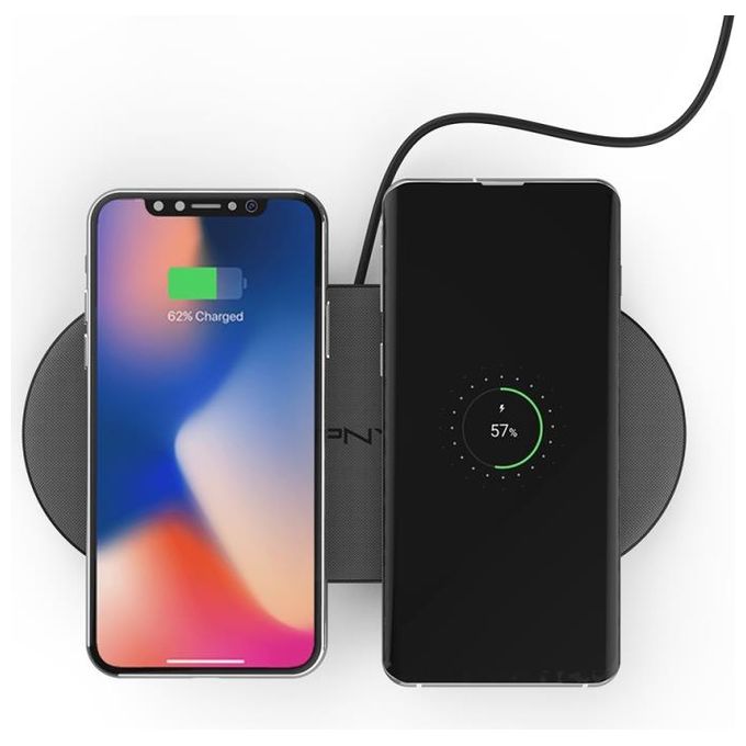 PNY Caricatore Wireless 2 in 1, fino a 20W, Certificato Qi, Carica fino a 2 dispositivi contemporaneamente, per tutti gli smartphone abilitati Qi, Finitura in Tessuto grigio Premium