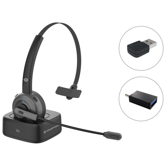 Conceptronic POLONA03BDA Cuffia a Padiglione Ufficio Bluetooth Base di Ricarica Nero