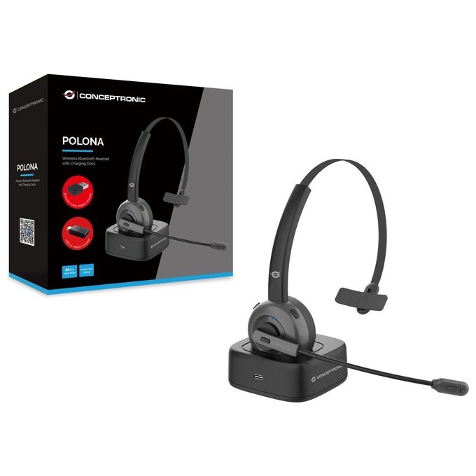 Conceptronic POLONA03BDA Cuffia a Padiglione Ufficio Bluetooth Base di Ricarica Nero