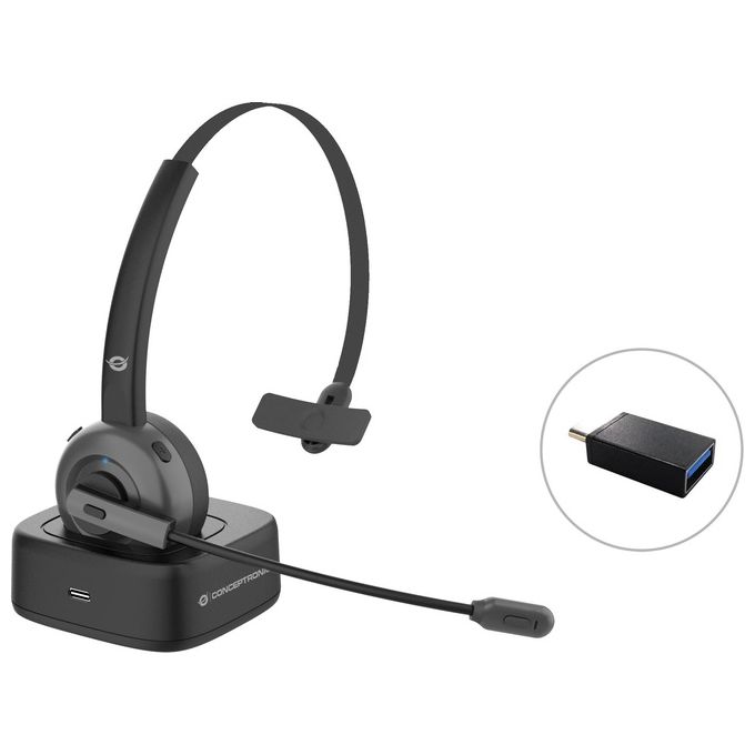 Conceptronic POLONA03BD Cuffia Wireless a Padiglione Ufficio Bluetooth Base di Ricarica Nero