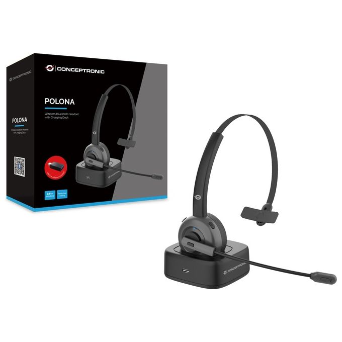 Conceptronic POLONA03BD Cuffia Wireless a Padiglione Ufficio Bluetooth Base di Ricarica Nero