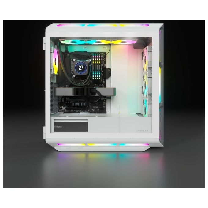 Corsair iCUE 5000T RGB, case Mid Tower ATX, 208 LED RGB gestibili singolarmente, spazio per piu' radiatori da 360mm, cablaggi facilitati, 3 ventole LL120 RGB e Commander CORE XT inclusi, bianco