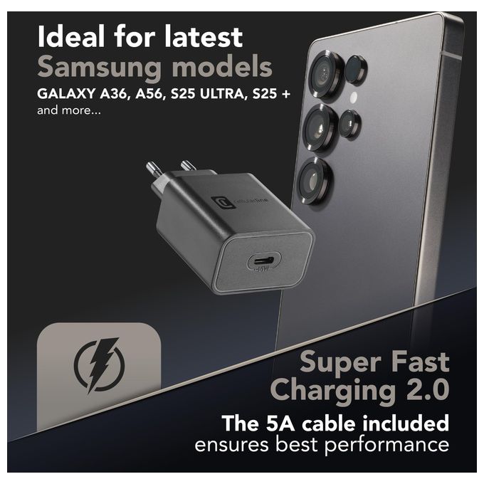 Cellular Line Super Fast Charger Kit PD 45W Caricabatterie da Rete USB-C 45W con cavo USB Type-C 1mt Nero