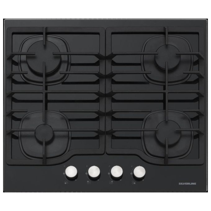 Silverline CS5404B01 Piano Cottura 4 Fuochi a Gas da Incasso Larghezza 60 cm Griglie in Ghisa Piano in Vetro colore Nero