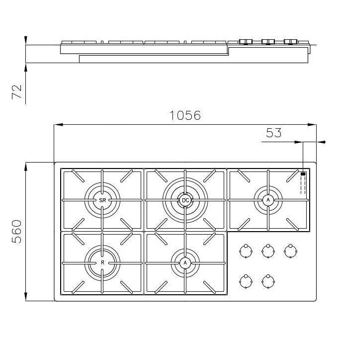 Foster 7638 000 Piano cottura a gas Filotop Linea Milano 5 Fuochi 105,6 cm Griglie in ghisa Acciaio Inox Spazzolato