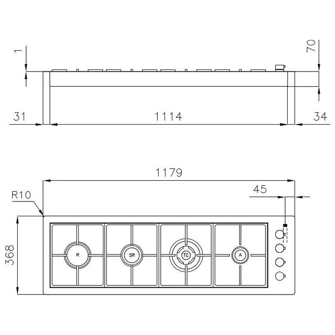 Foster 7259 042 Linea S4000 Line Piano Cottura a Gas 4 Zone Griglie in ghisa  Bruciatori III serie 118 cm Inox Spazzolato