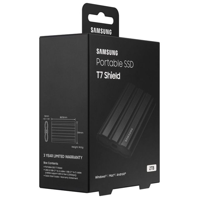Samsung T7 Shield MU-PE2T0S SSD Crittografato 2Tb Esterno Portatile Usb 3.2 Gen 2 256 Bit AES Nero