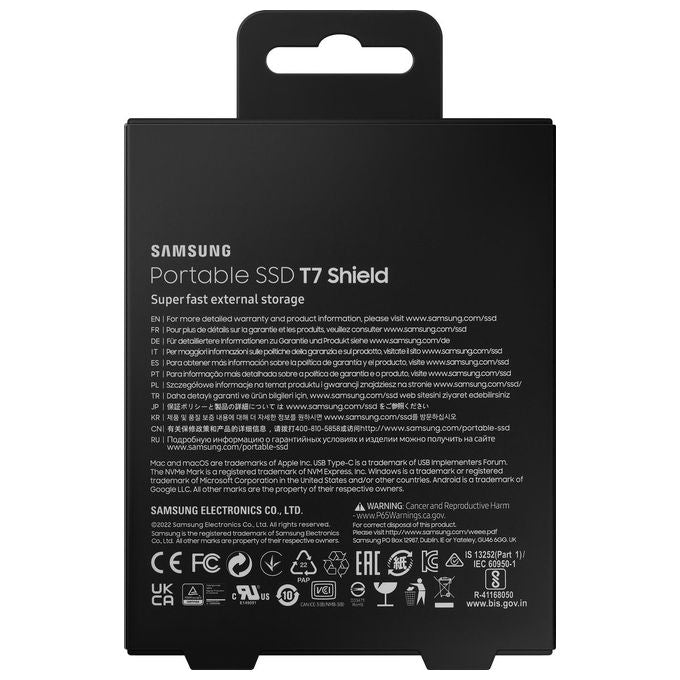 Samsung T7 Shield MU-PE2T0S SSD Crittografato 2Tb Esterno Portatile Usb 3.2 Gen 2 256 Bit AES Nero