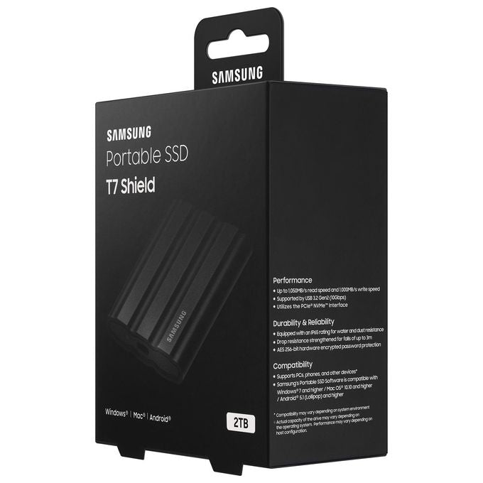 Samsung T7 Shield MU-PE2T0S SSD Crittografato 2Tb Esterno Portatile Usb 3.2 Gen 2 256 Bit AES Nero