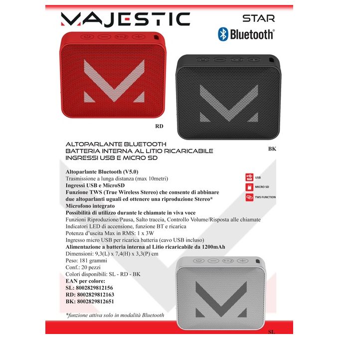 New Majestic Speaker Star Black Bluetooth Tws Ricaricabile