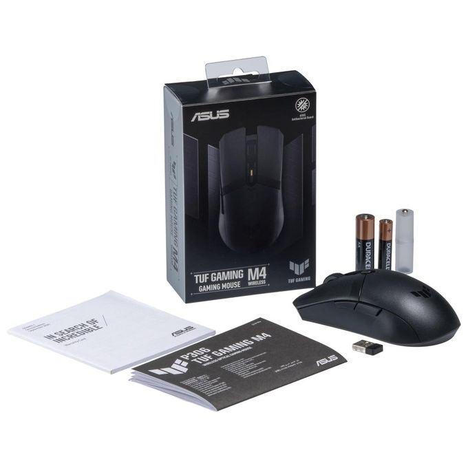 ASUS TUF Gaming M4 Wireless, Mouse Gaming, Super Leggero, Sensore Ottico 12000 DPI, 6 Tasti Programmabili, Scocca in PBT, Trattamento ASUS Antibacterial Guard, Cavo TUF Gaming Paracord, Nero