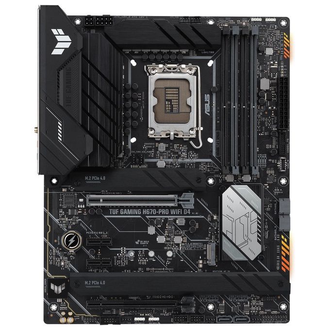 ASUS TUF Gaming H670-PRO WiFi D4 Scheda Madre ATX, Intel H670, LGA1700, DDR4, PCI 5.0, Intel 2.5Gb Ethernet, WiFi 6, Realtek 7.1 Surround, 4xM.2, 4xSATA 6GB-s, USB 3.2 Gen 2x2, Armoury Crate, Nero