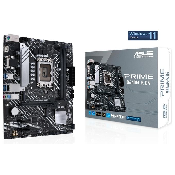 ASUS PRIME B660M-K D4 Scheda Madre mATX, Intel B660, LGA1700, DDR4, PCI 4.0, LAN Realtek 1Gb, Realtek 7.1 Surround, 2xM.2, 4xSATA 6GB-s, USB 3.2 Gen 1, Armoury Crate, Nero