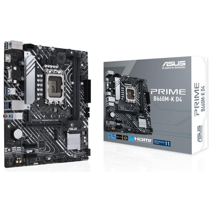 ASUS PRIME B660M-K D4 Scheda Madre mATX, Intel B660, LGA1700, DDR4, PCI 4.0, LAN Realtek 1Gb, Realtek 7.1 Surround, 2xM.2, 4xSATA 6GB-s, USB 3.2 Gen 1, Armoury Crate, Nero