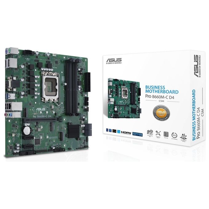 ASUS PRO B660M-C D4-CSM Scheda Madre mATX, Intel B660, LGA1700, DDR4, PCI 4.0, LAN Intel 1Gb, Realtek 7.1 Surround, 2xM.2, 4xSATA 6GB-s, USB 3.2 Gen 1, ASUS Control Center Express, Nero