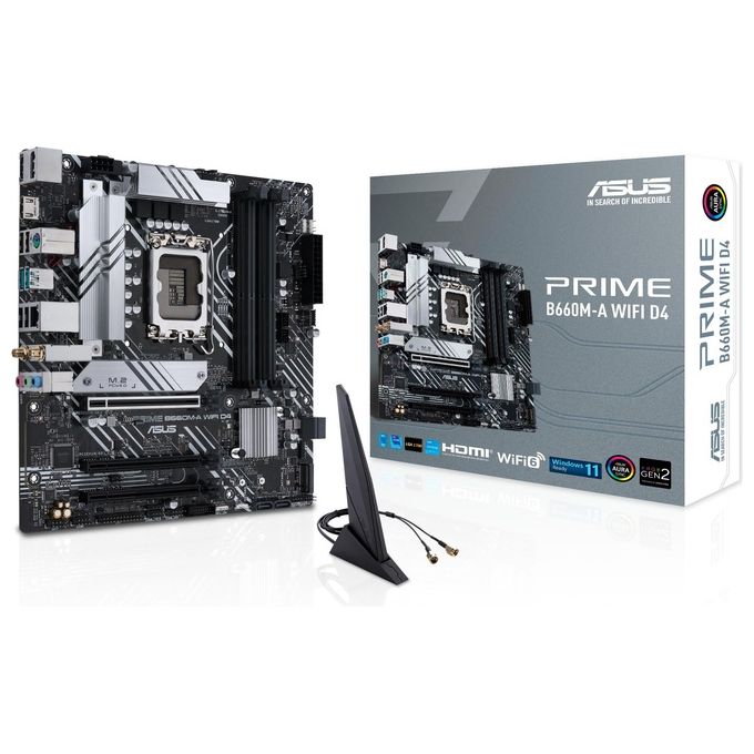 ASUS PRIME B660M-A WiFi D4 Scheda Madre mATX, Intel B660, LGA1700, DDR4, PCI 4.0, LAN Intel 1Gb, WiFi 6, Realtek 7.1 Surround, 2xM.2, 4xSATA 6GB-s, USB 3.2 Gen 2, Armoury Crate, Nero