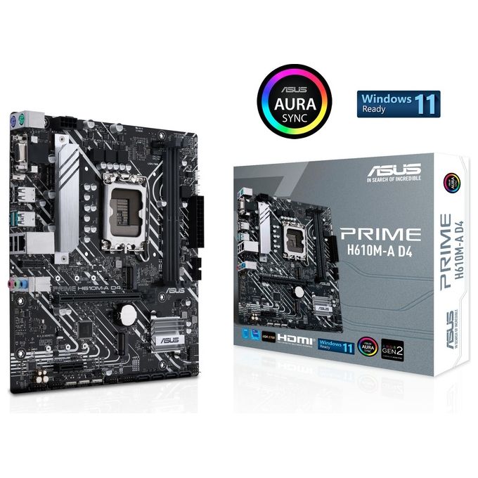 ASUS PRIME H610M-A D4 Scheda Madre mATX, Intel H610, LGA1700, DDR4, PCI 4.0, Intel 1Gb Ethernet, Realtek 7.1 Surround, 2xM.2, 4xSATA 6GB-s, USB 3.2 Gen 1, Armoury Crate, Nero