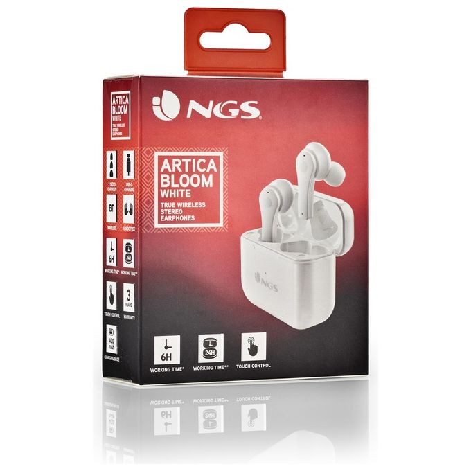 NGS BT ARTICA BLOOM WHITE - Auricolari senza fili, compatibili con TWS e Bluetooth fino a 24 ore, comandi touch, USB Type-C, base di ricarica, bianco
