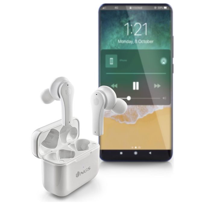 NGS BT ARTICA BLOOM WHITE - Auricolari senza fili, compatibili con TWS e Bluetooth fino a 24 ore, comandi touch, USB Type-C, base di ricarica, bianco