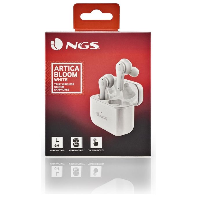 NGS BT ARTICA BLOOM WHITE - Auricolari senza fili, compatibili con TWS e Bluetooth fino a 24 ore, comandi touch, USB Type-C, base di ricarica, bianco