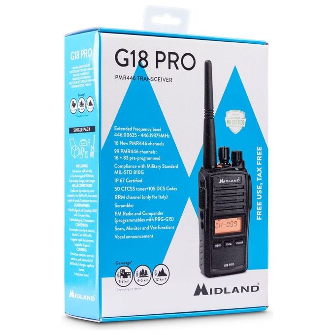 Midland G18 PRO Radio Ricetrasmittente Walkie Talkie PMR 446 Standard Militare MIL-STD-810G