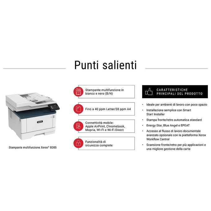 Xerox B305 Stampante Laser Multifunzione Monocromatica A4 600 x 600 dpi per Efficienza e Qualita' nell'Ufficio