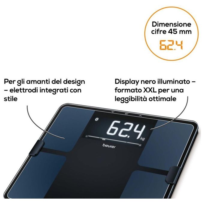 Beurer BF 915 BT Sig. Line Bilancia diagnostica in vetro connettibile - Design Signatureline - Display XL retroilluminato - grigio chiaro - 8 utenti in memoria