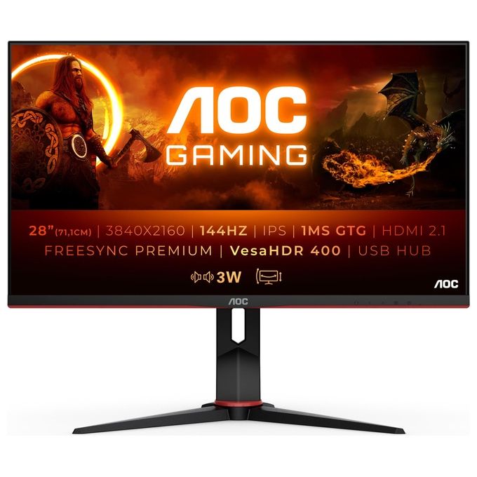 AOC Gaming U28G2XU2 - Monitor 28'' UHD 144 Hz, 1 ms, FreeSync PremiumPro, HDR400 (3840x2160, HDMI 2.1, DisplayPort, USB Hub) Nero-Rosso