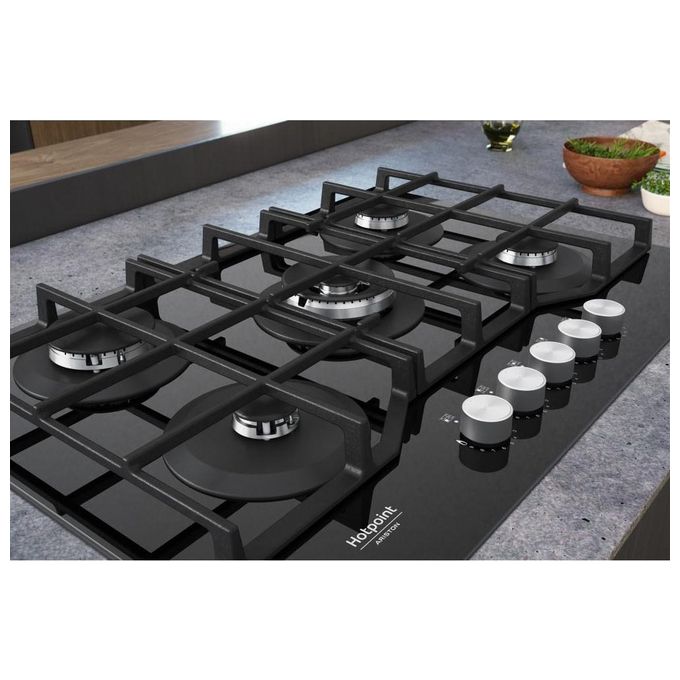 Hotpoint HAGS 72F-BK Serie Cristallo Nero Piano Cottura a Gas 5 Zone 1 Doppia Corona MyMenu Flame Control Griglie in ghisa 73 cm Nero