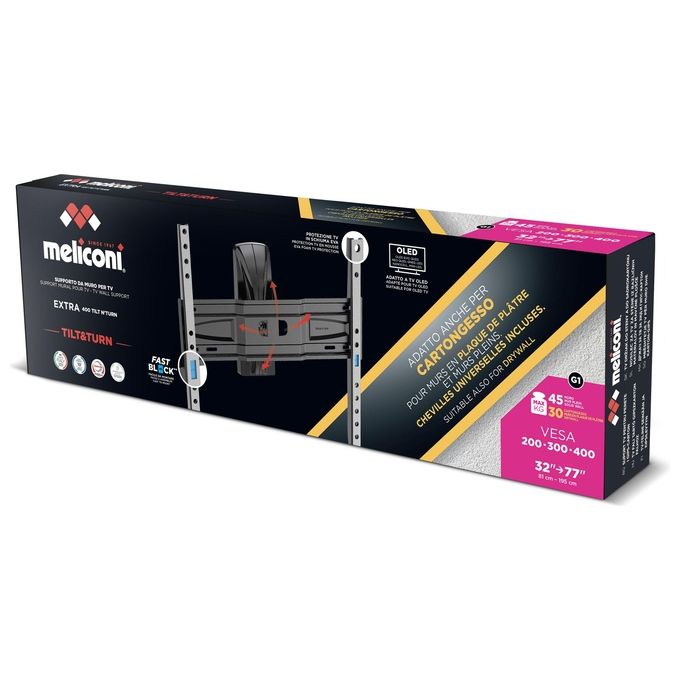 Meliconi Extra 400 Tilt'n'Turn Supporto TV Parete 32''-77'' VESA 200-300-400 Portata Max 45 Kg Adatto Anche a Pareti in Cartongesso con sistema Fast Block Made in Italy