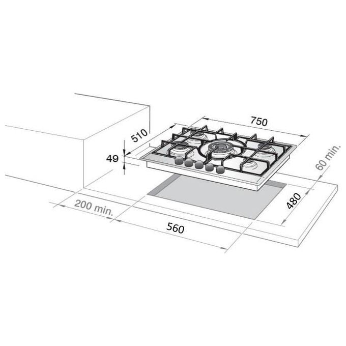DeLonghi NSL475X Piano Cottura a Gas 4 Zone 1 Doppia Corona 1 Dual Serigrafia laser 75 cm Inox