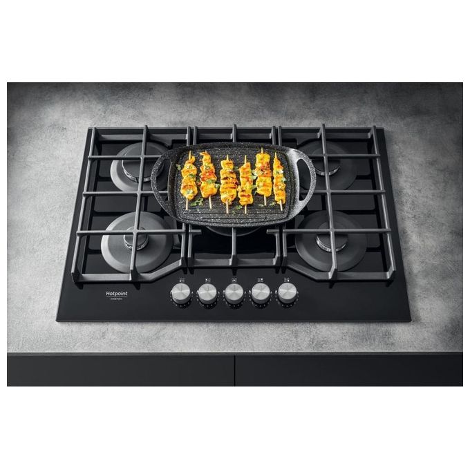 Hotpoint HAGS 72F-BK Serie Cristallo Nero Piano Cottura a Gas 5 Zone 1 Doppia Corona MyMenu Flame Control Griglie in ghisa 73 cm Nero