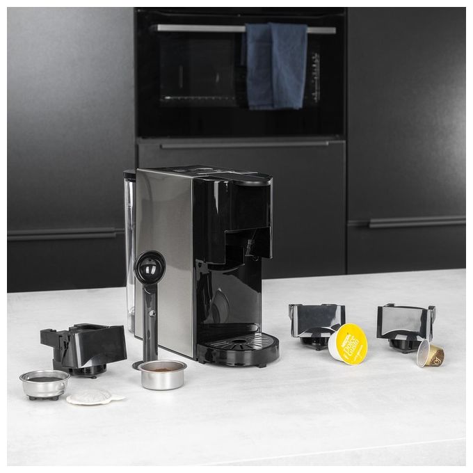 Princess Multi Capsule 4‑in‑1 01.249450 - Macchina da caffe' multicapsula, 0,8 L serbatoio, 19 bar, 1450 W, funzioni: compatibile Nespresso - Dolce Gusto - ESE - caffe' macinato, serbatoio removibile, colore acciaio-nero