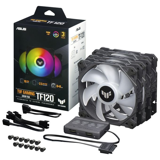 ASUS TUF Gaming TF120 ARGB Ventola Per Case, 120mm, Avanzato Cuscinetto Fluidodinamico (FDB), Illuminazione ARGB Aura Sync, Controller multifunzione Incluso, Durata 250.000 Ore, 3 Pezzi, Nero