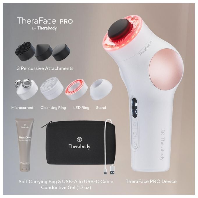TheraFace PRO - Dispositivo per la cura del viso 6-in-1 con massaggio a percussione - microcorrente - luce LED blu e rossa da Therabody (Bianco)