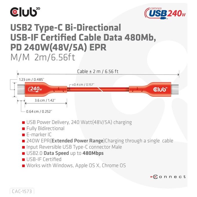 Club3D CAC-1573 Cavo Usb 2mt Usb 4 Gen 2x2 Usb C Rosso