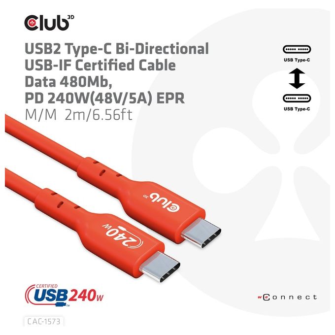 Club3D CAC-1573 Cavo Usb 2mt Usb 4 Gen 2x2 Usb C Rosso