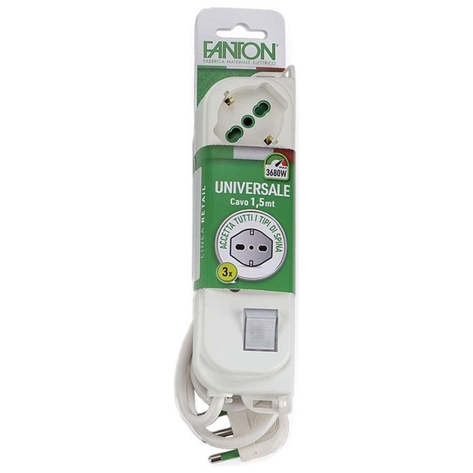 Fanton 47460 Omega Multipresa 3 Posti Bipasso Schuko 2P+T 16A Interruttore Luminoso Cavo 1.5 m colore Bianco