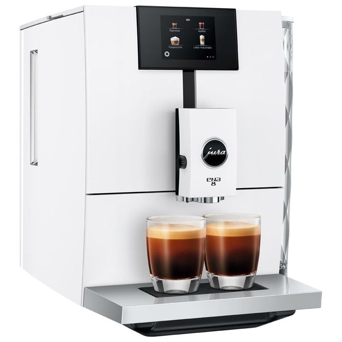 JURA ENA 8 Full Nordic White - Macchina da caffe' automatica, 1,1 L, 15 bar, 1450 W, 15 specialita', macinacaffe' Aroma G3, display TFT, sistema cappuccino, Bianco