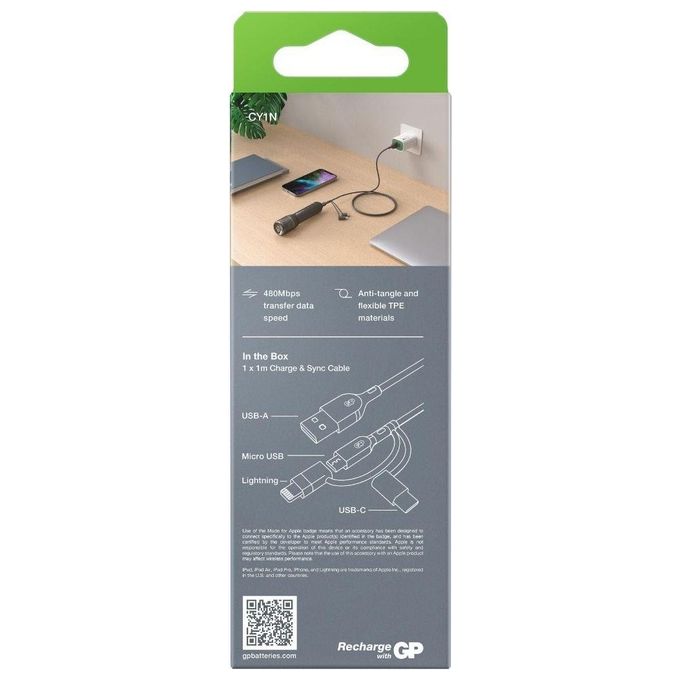 GP CY1N Cavo Ricarica e Dati 1mt 3in1 USB-A su Micro-USB-C-Light