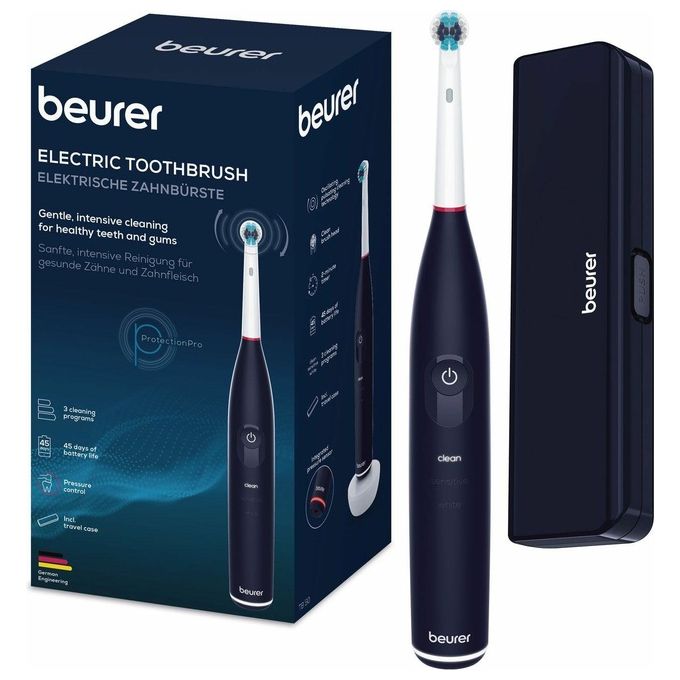Beurer TB 50 - Spazzolino elettrico oscillante-rotante 3D, 3 modalita' di pulizia (Clean, Sensitive, White), timer da 2 min, autonomia 45 giorni, ricaricabile con base induttiva + cavo USB, testine incluse (Clean + Sensitive), sensore di pressione, displa