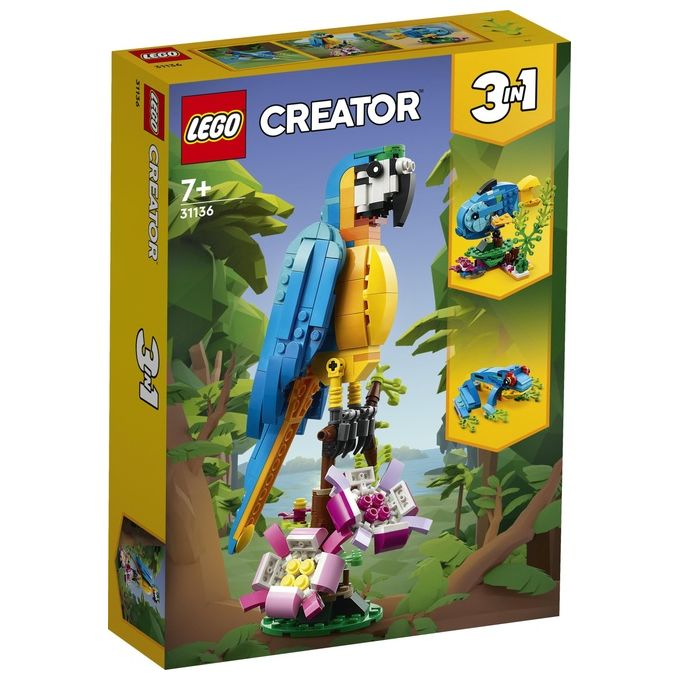 LEGO Creator 31136 Pappagallo Esotico 31136-LEGO Set 3 in 1 con Pesce e Rana Animali Giocattolo Giochi Creativi per Bambini da 7 Anni