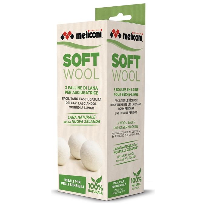 Meliconi Soft Wool - Set di 3 palline per asciugatrice in 100% lana neozelandese, diametro 7 cm, riducono i tempi di asciugatura e ammorbidiscono i tessuti, Bianco